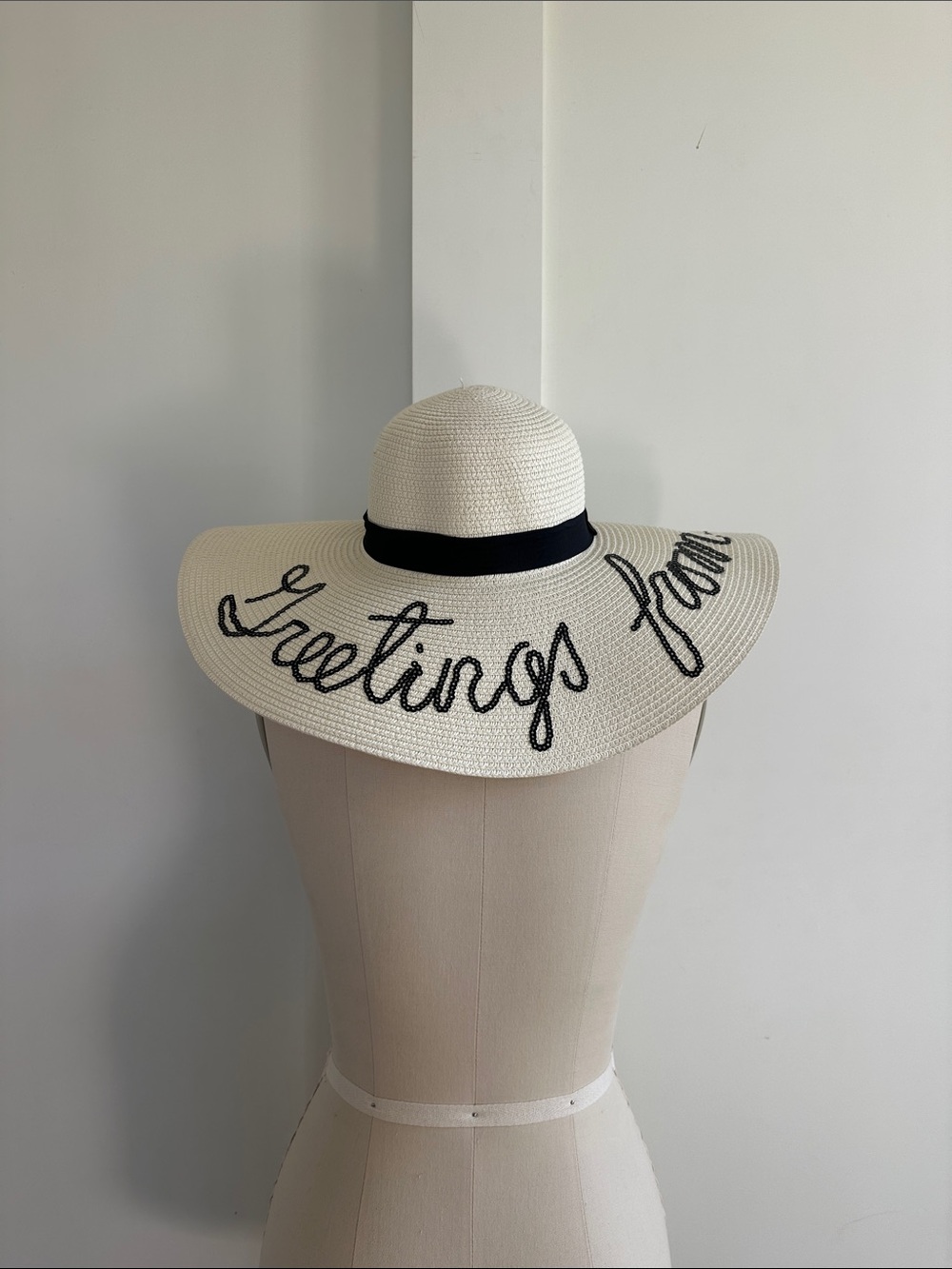 Embroidered 'Greetings from' White Straw Floppy Sun Hat with Black Band